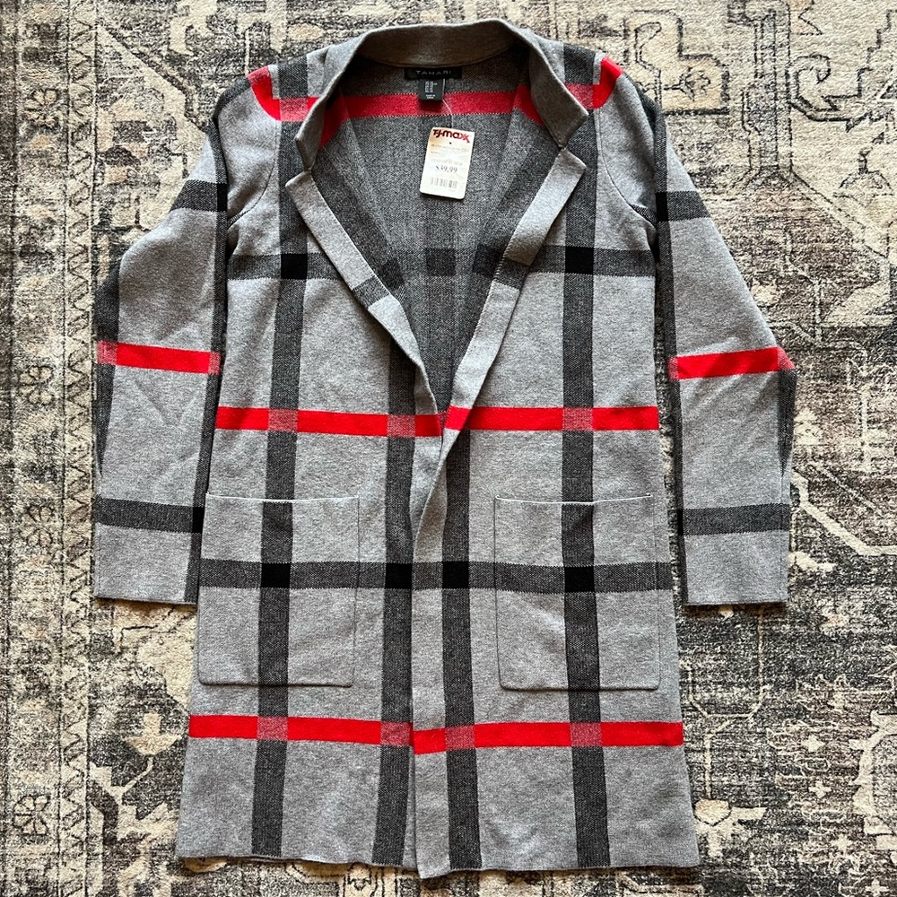 NWT Tahari Gray and Red Plaid Open Front Cardigan Women’s Size‎ XS